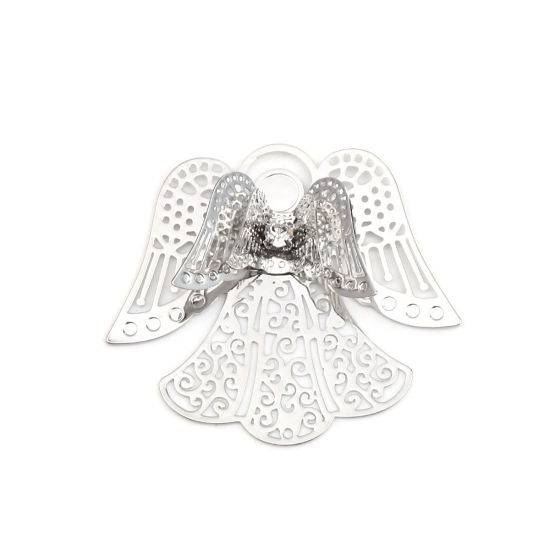 Picture of Brass Filigree Stamping Pendants Silver Tone Angel Clear Rhinestone 49mm x 43mm, 2 PCs                                                                                                                                                                        