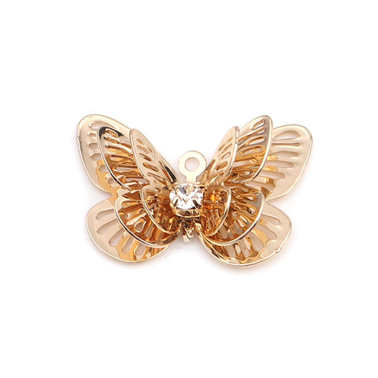 Picture of Brass Filigree Stamping Charms Gold Plated Butterfly Animal Clear Rhinestone 23mm x 16mm, 5 PCs                                                                                                                                                               