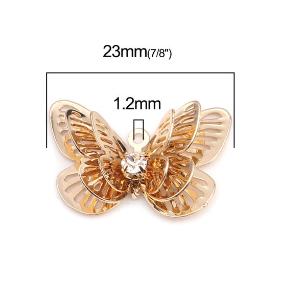 Immagine di Ottone Filigree Stamping Charms Oro Placcato Farfalla Trasparente Strass 23mm x 16mm, 5 Pz