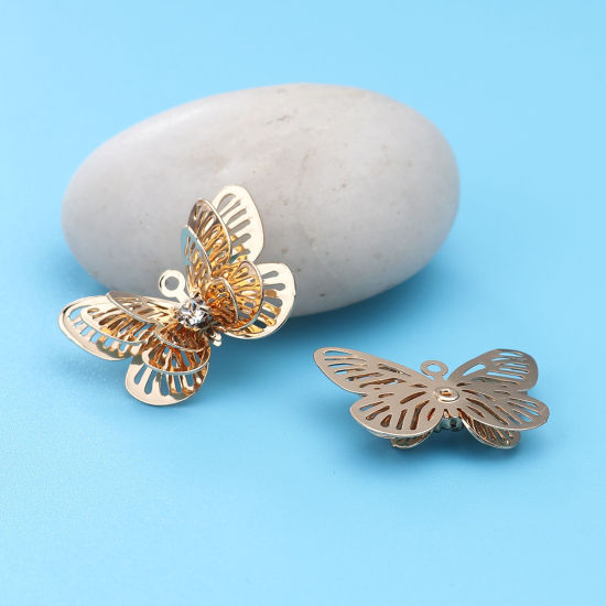 Immagine di Ottone Filigree Stamping Charms Oro Placcato Farfalla Trasparente Strass 23mm x 16mm, 5 Pz