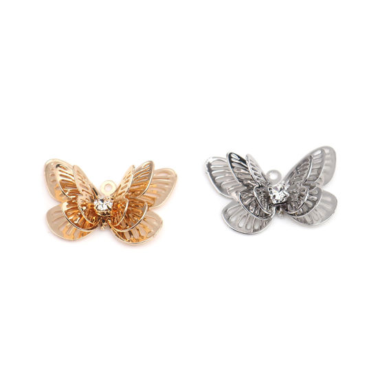 Immagine di Ottone Filigree Stamping Charms Oro Placcato Farfalla Trasparente Strass 23mm x 16mm, 5 Pz
