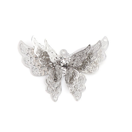 Picture of Brass Filigree Stamping Pendants Silver Tone Butterfly Animal Clear Rhinestone 35mm x 26mm, 5 PCs
