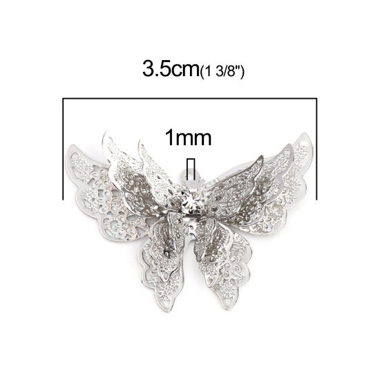 Bild von Messing Filigran Stempel Verzierung Anhänger Schmetterling Silberfarbe Transparent Strass 35mm x 26mm, 5 Stück