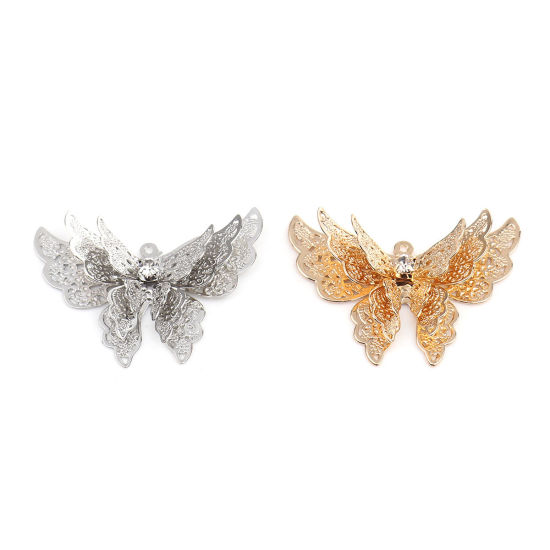 Bild von Messing Filigran Stempel Verzierung Anhänger Schmetterling Silberfarbe Transparent Strass 35mm x 26mm, 5 Stück