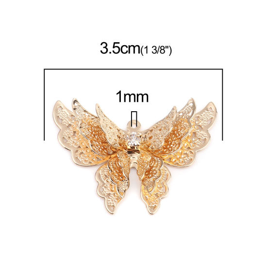 Bild von Messing Filigran Stempel Verzierung Anhänger Schmetterling Vergoldet Transparent Strass 35mm x 26mm, 5 Stück
