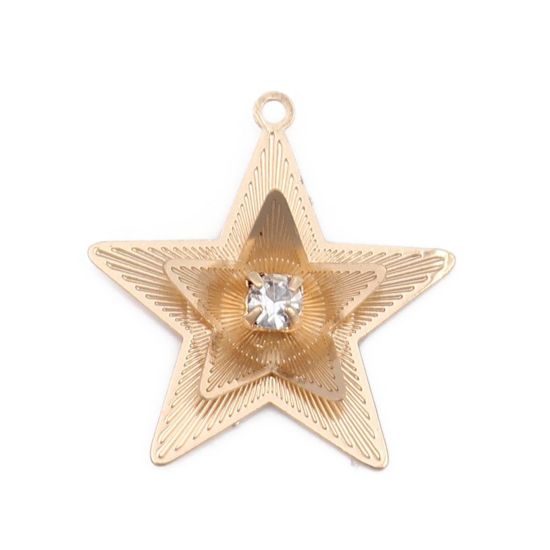 Picture of Brass Filigree Stamping Charms Gold Plated Pentagram Star Clear Rhinestone 22mm x 21mm, 5 PCs                                                                                                                                                                 