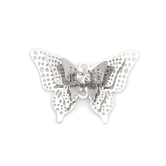 Picture of Brass Filigree Stamping Charms Silver Tone Butterfly Animal Clear Rhinestone 25mm x 17mm, 5 PCs                                                                                                                                                               