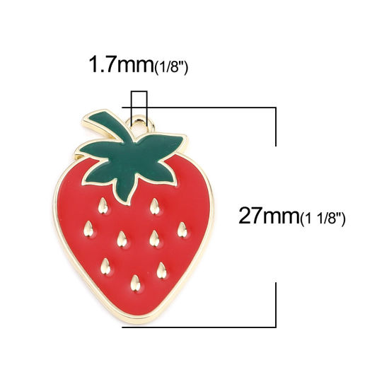 Immagine di Lega di Zinco Charms Fragola Oro Placcato Rosso & Verde Smalto 27mm x 20mm , 5 Pz