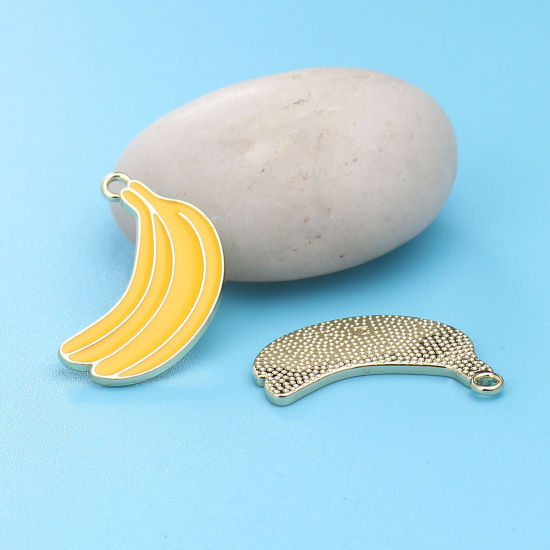 Immagine di Lega di Zinco Charms Banana Oro Placcato Giallo Smalto 28mm x 17mm , 5 Pz