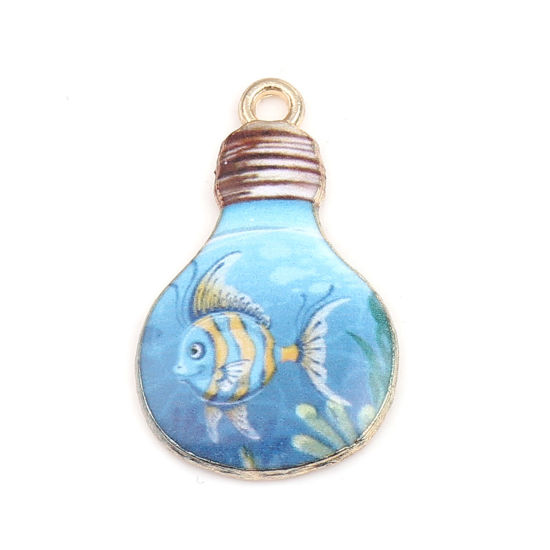 Picture of Zinc Based Alloy Ocean Jewelry Charms Bulb Gold Plated Light Blue Fish 28mm x 17mm, 10 PCs