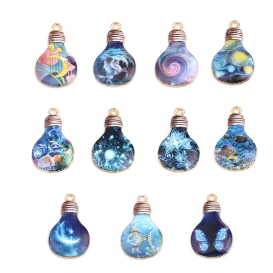 Picture of Zinc Based Alloy Ocean Jewelry Charms Bulb Gold Plated Light Blue Fish 28mm x 17mm, 10 PCs
