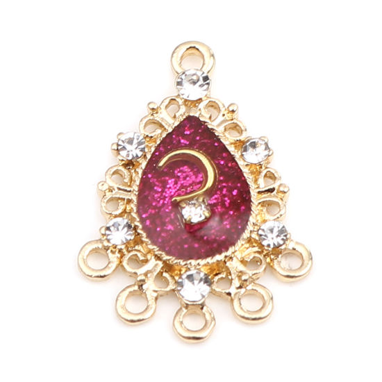 Imagen de Zamak Galaxia Conectores Gota Chapado en Oro Fucsia Luna Esmalte Transparente Rhinestone 27mm x 19mm, 5 Unidades
