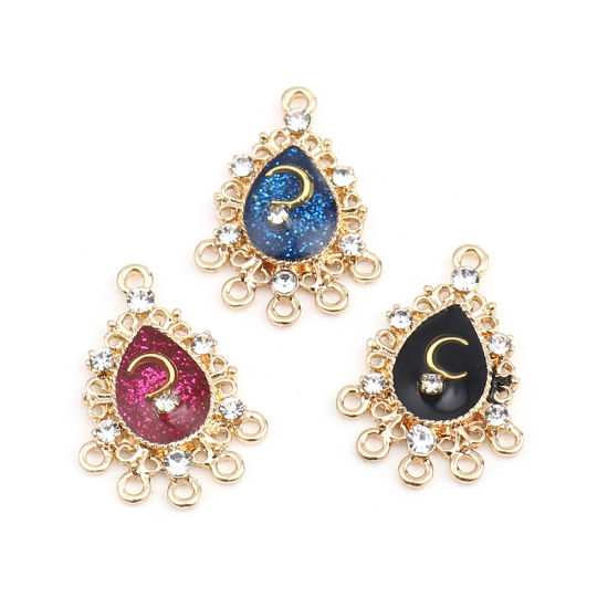 Imagen de Zamak Galaxia Conectores Gota Chapado en Oro Fucsia Luna Esmalte Transparente Rhinestone 27mm x 19mm, 5 Unidades