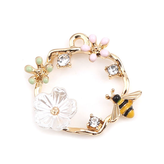 Image de Breloques Insecte en Alliage de Zinc Annulaire Doré Multicolore Abeille à Strass Transparent Perle Imitation Acrylique 20mm x 20mm, 10 Pcs