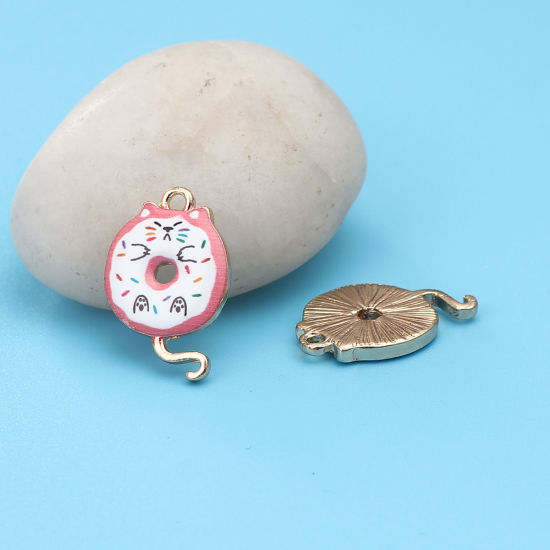 Bild von Zinklegierung Charms Katze Vergoldet Weiß & Rosa 20mm x 13mm, 10 Stück