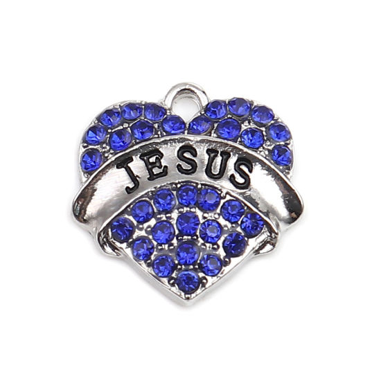 Immagine di Lega di Zinco Charms Cuore Tono Argento Lettere " JESUS " Blu Strass 20mm x 20mm , 2 Pz