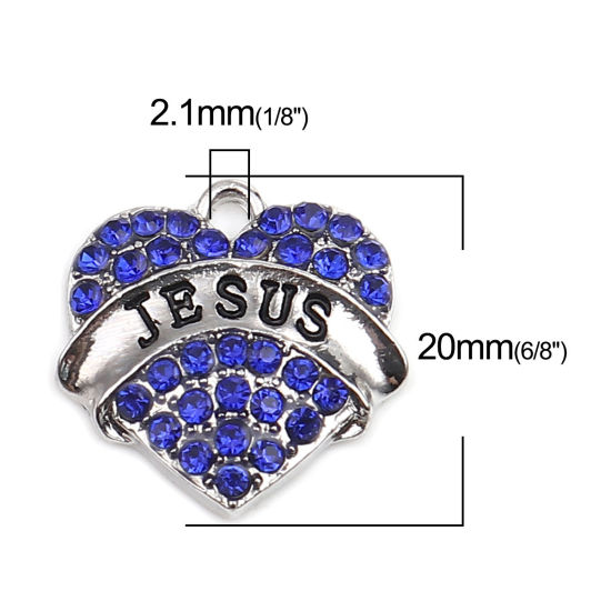 Immagine di Lega di Zinco Charms Cuore Tono Argento Lettere " JESUS " Blu Strass 20mm x 20mm , 2 Pz