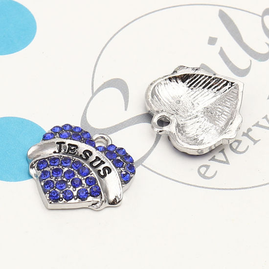 Immagine di Lega di Zinco Charms Cuore Tono Argento Lettere " JESUS " Blu Strass 20mm x 20mm , 2 Pz