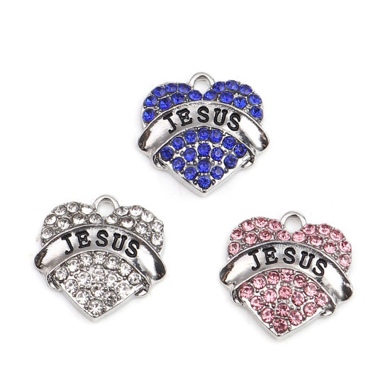 Immagine di Lega di Zinco Charms Cuore Tono Argento Lettere " JESUS " Blu Strass 20mm x 20mm , 2 Pz