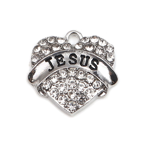 Immagine di Lega di Zinco Charms Cuore Tono Argento Lettere " JESUS " Trasparente Strass 20mm x 20mm , 2 Pz