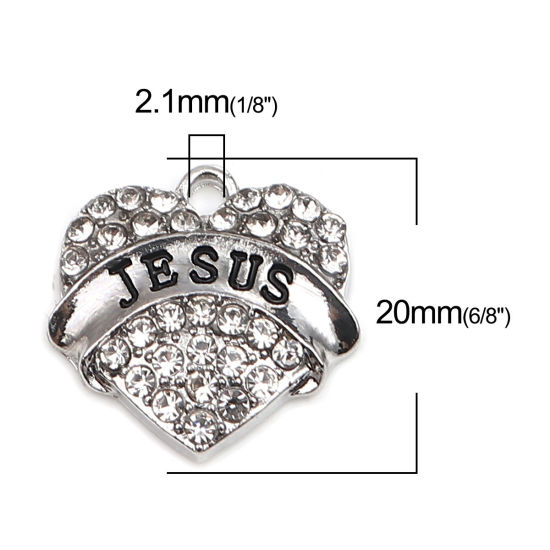 Immagine di Lega di Zinco Charms Cuore Tono Argento Lettere " JESUS " Trasparente Strass 20mm x 20mm , 2 Pz