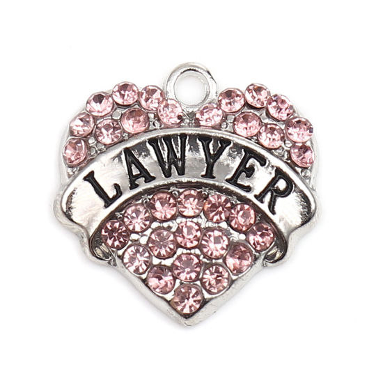 Picture of Zinc Based Alloy Charms Heart Silver Tone Message " Lawyer " Pink Rhinestone 20mm x 20mm, 2 PCs