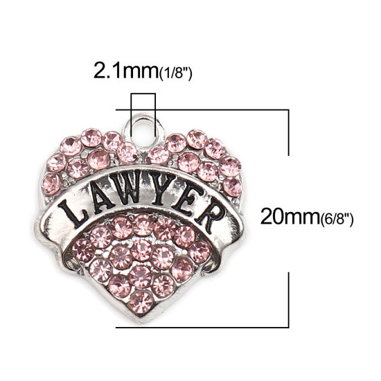 Picture of Zinc Based Alloy Charms Heart Silver Tone Message " Lawyer " Pink Rhinestone 20mm x 20mm, 2 PCs