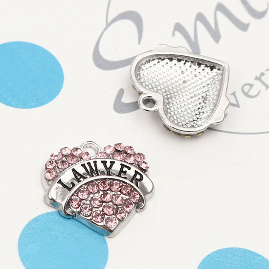 Picture of Zinc Based Alloy Charms Heart Silver Tone Message " Lawyer " Pink Rhinestone 20mm x 20mm, 2 PCs