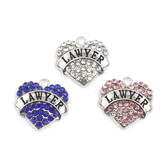 Picture of Zinc Based Alloy Charms Heart Silver Tone Message " Lawyer " Pink Rhinestone 20mm x 20mm, 2 PCs