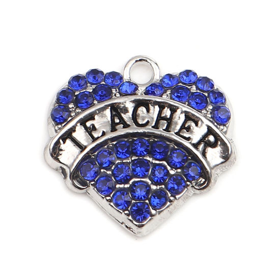 Immagine di Lega di Zinco Charms Cuore Tono Argento Lettere " Teacher " Blu Strass 20mm x 20mm , 2 Pz