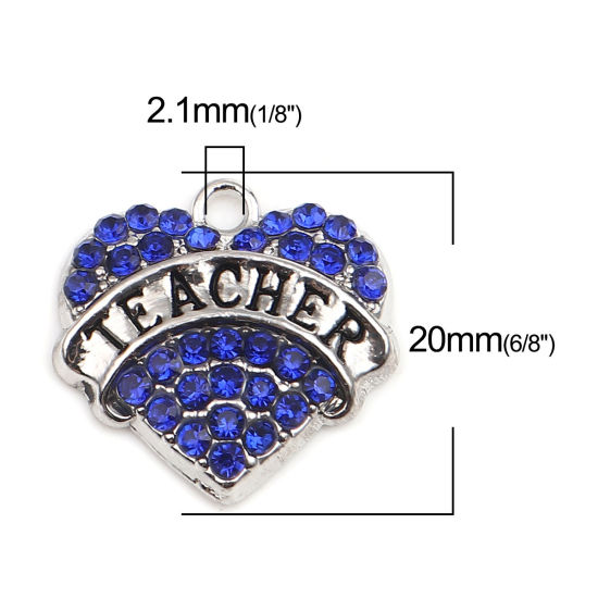 Immagine di Lega di Zinco Charms Cuore Tono Argento Lettere " Teacher " Blu Strass 20mm x 20mm , 2 Pz