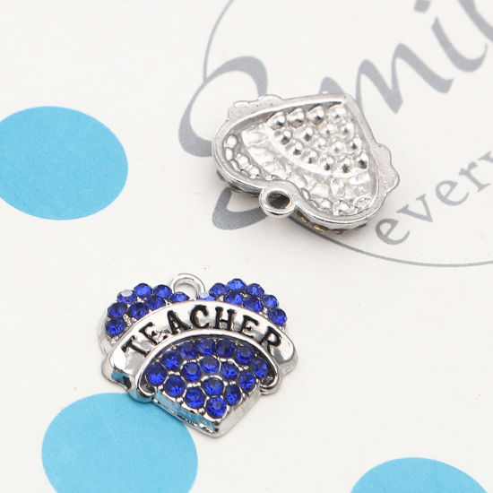 Immagine di Lega di Zinco Charms Cuore Tono Argento Lettere " Teacher " Blu Strass 20mm x 20mm , 2 Pz