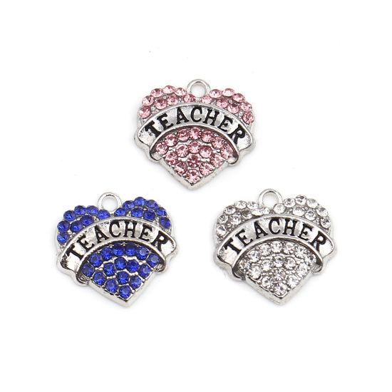 Immagine di Lega di Zinco Charms Cuore Tono Argento Lettere " Teacher " Blu Strass 20mm x 20mm , 2 Pz