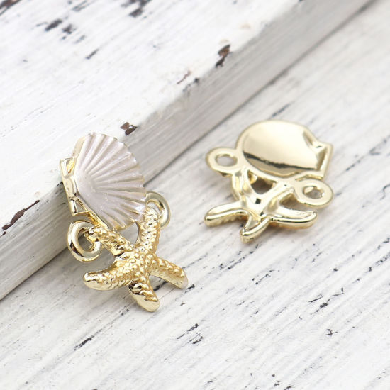 Imagen de Zamak Joyería del océano Conectores Marisco de vieira Chapado en Oro Blanco & Amarillo Estrella de Mar 18mm x 14mm, 10 Unidades