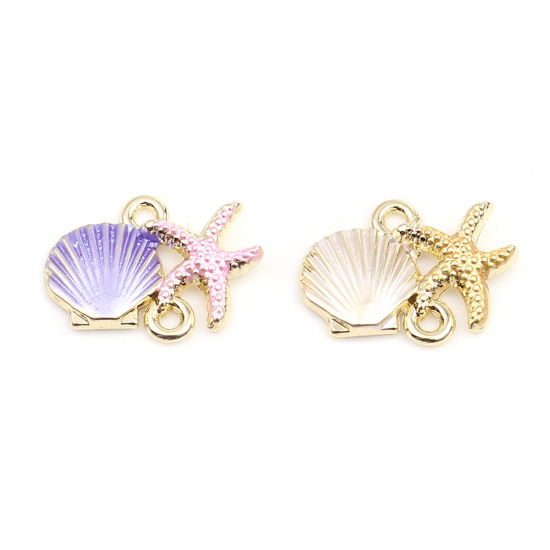 Imagen de Zamak Joyería del océano Conectores Marisco de vieira Chapado en Oro Blanco & Amarillo Estrella de Mar 18mm x 14mm, 10 Unidades