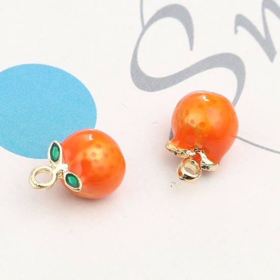 Picture of Zinc Based Alloy Charms Orange Fruit Gold Plated Orange Enamel 13mm x 9mm, 5 PCs