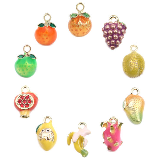 Picture of Zinc Based Alloy Charms Orange Fruit Gold Plated Orange Enamel 13mm x 9mm, 5 PCs