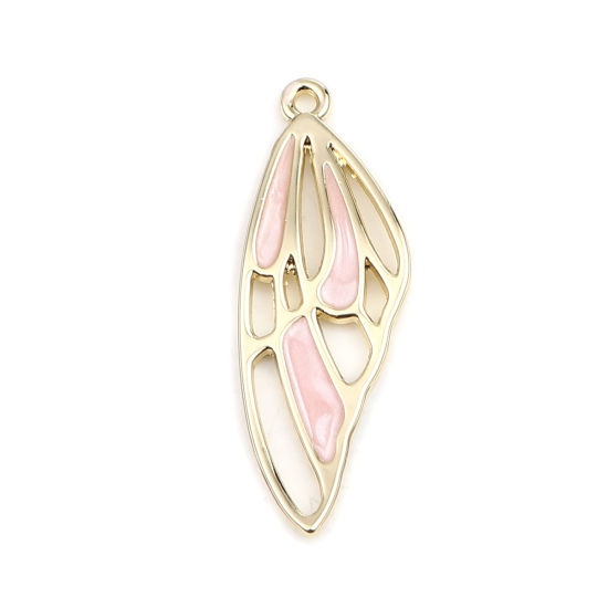 Picture of Zinc Based Alloy Insect Pendants Wing Gold Plated Light Pink Enamel 36mm x 13mm, 10 PCs
