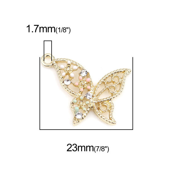 Immagine di Lega di Zinco Insetto Charms Farfalla Oro Placcato Multicolore Trasparente Strass Smalto 23mm x 19mm , 5 Pz
