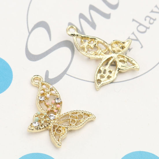 Immagine di Lega di Zinco Insetto Charms Farfalla Oro Placcato Multicolore Trasparente Strass Smalto 23mm x 19mm , 5 Pz