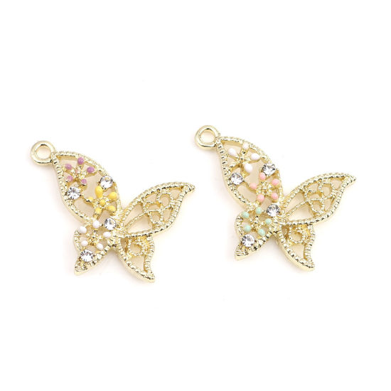 Immagine di Lega di Zinco Insetto Charms Farfalla Oro Placcato Multicolore Trasparente Strass Smalto 23mm x 19mm , 5 Pz