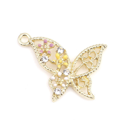 Immagine di Lega di Zinco Insetto Charms Farfalla Oro Placcato Multicolore Trasparente Strass Smalto 23mm x 19mm , 5 Pz