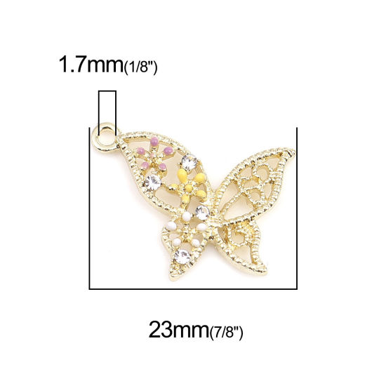 Immagine di Lega di Zinco Insetto Charms Farfalla Oro Placcato Multicolore Trasparente Strass Smalto 23mm x 19mm , 5 Pz