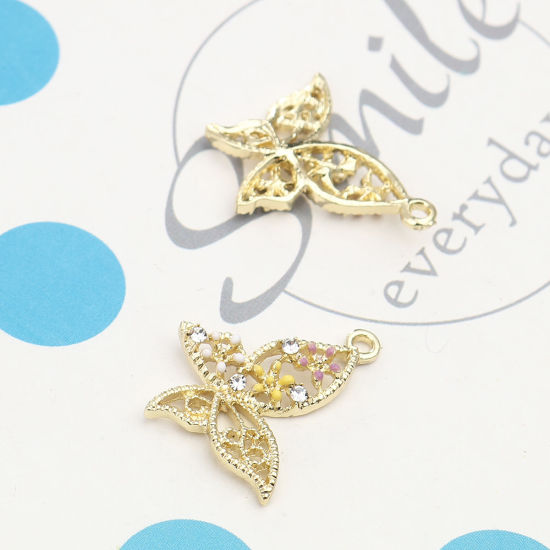 Immagine di Lega di Zinco Insetto Charms Farfalla Oro Placcato Multicolore Trasparente Strass Smalto 23mm x 19mm , 5 Pz