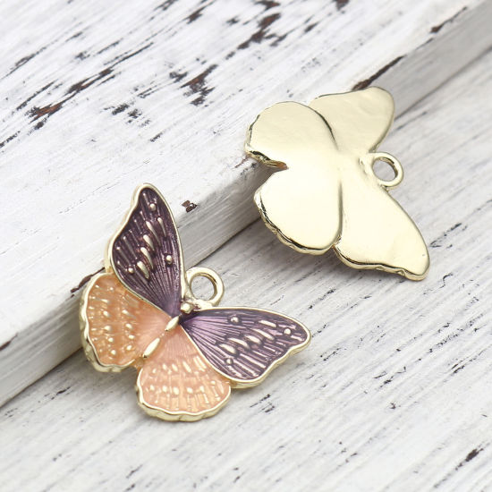 Immagine di Lega di Zinco Insetto Charms Farfalla Oro Placcato Viola & Arancione Smalto 24mm x 19mm , 5 Pz