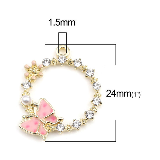 Immagine di Lega di Zinco Insetto Charms Anello Oro Placcato Rosa Farfalla Trasparente Strass 24mm x 20mm , 5 Pz