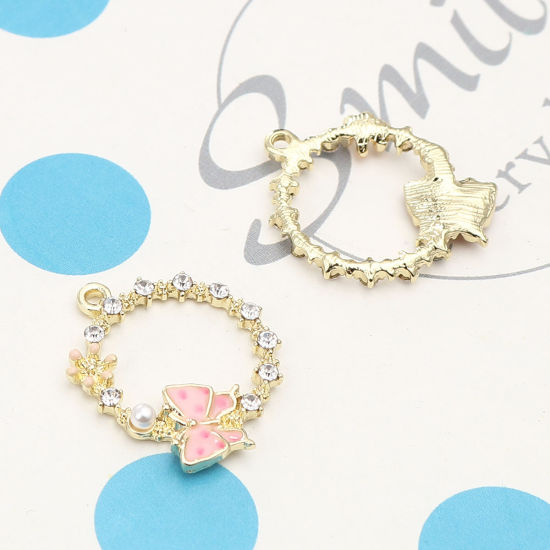 Immagine di Lega di Zinco Insetto Charms Anello Oro Placcato Rosa Farfalla Trasparente Strass 24mm x 20mm , 5 Pz