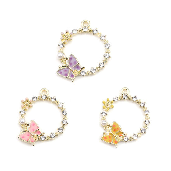 Immagine di Lega di Zinco Insetto Charms Anello Oro Placcato Rosa Farfalla Trasparente Strass 24mm x 20mm , 5 Pz