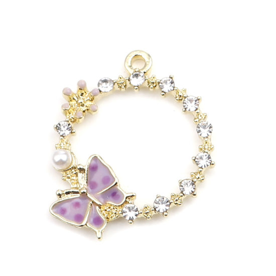 Immagine di Lega di Zinco Insetto Charms Anello Oro Placcato Colore Viola Farfalla Trasparente Strass 24mm x 20mm , 5 Pz