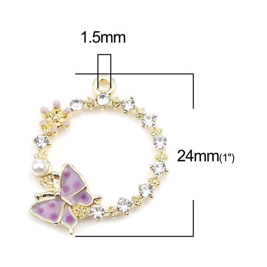 Immagine di Lega di Zinco Insetto Charms Anello Oro Placcato Colore Viola Farfalla Trasparente Strass 24mm x 20mm , 5 Pz